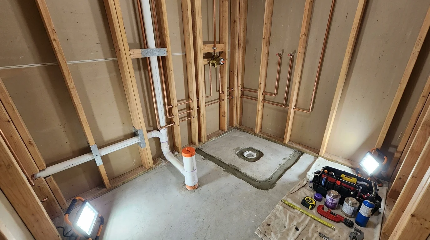 Bathroom rough-in plumbing during remodel by Johns Plumbing LLC in Sergeant Bluff