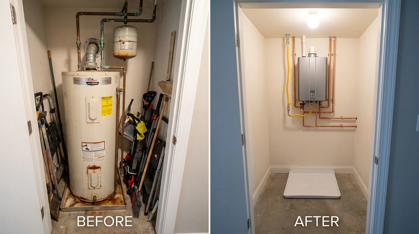 Tank water heater versus wall-mounted tankless unit comparison for Sergeant Bluff, IA homeowners