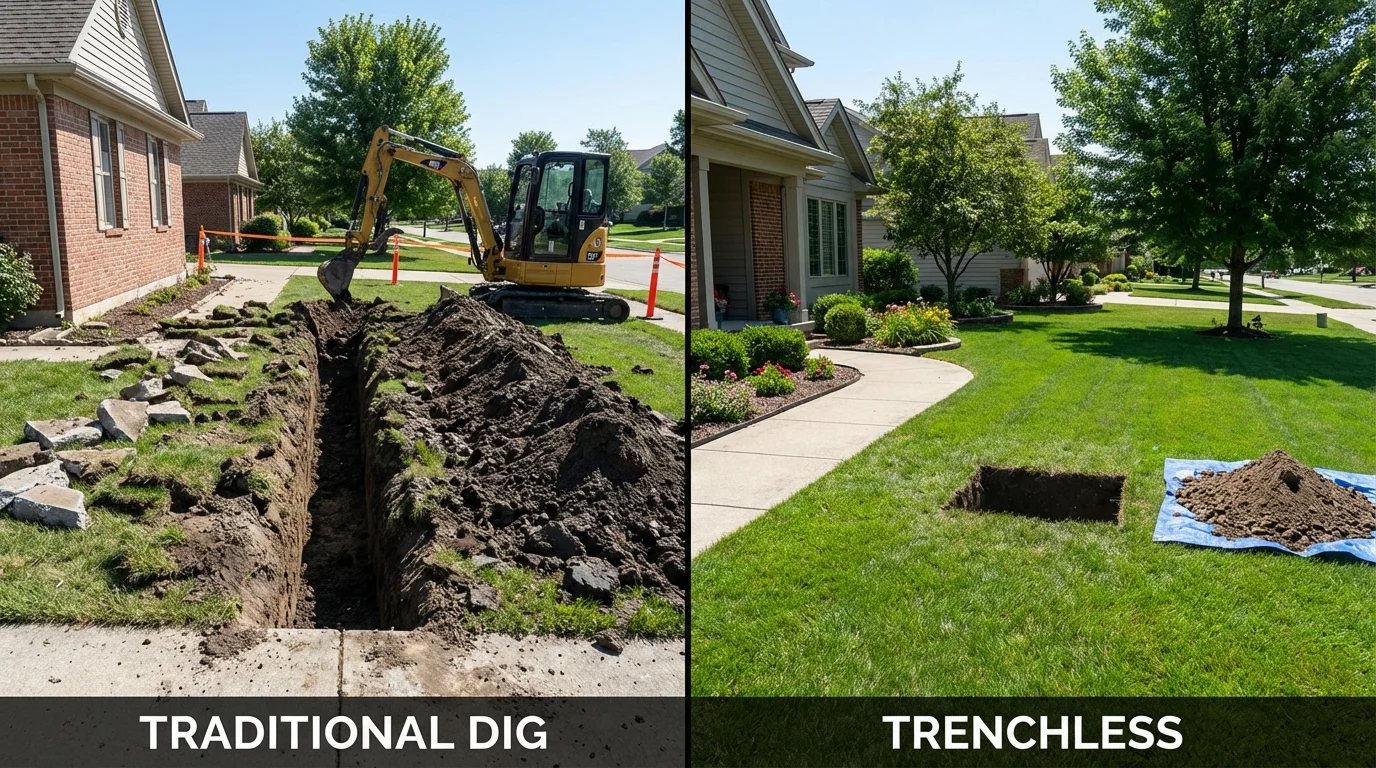 Trenchless sewer repair with minimal yard damage versus traditional excavation in Sergeant Bluff, IA