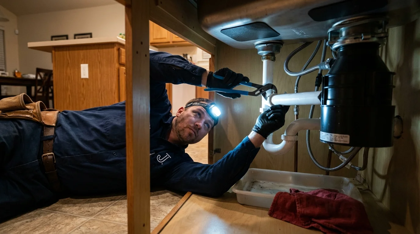 P-trap and supply line connections under a kitchen sink showing a common leak point in Sergeant Bluff, IA